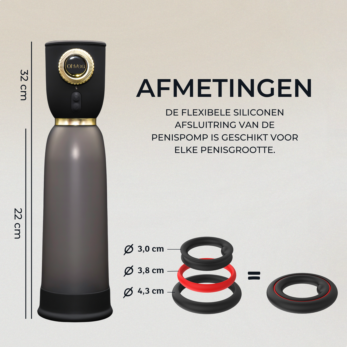 Afmetingen van de penispomp en de siliconen cockringen