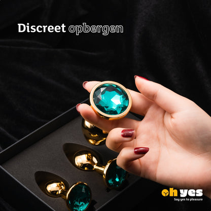 Metaal Gouden Buttplug Set - Groen - OHYES.nl