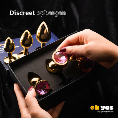 Metaal Gouden Buttplug Set - Roze - OHYES.nl