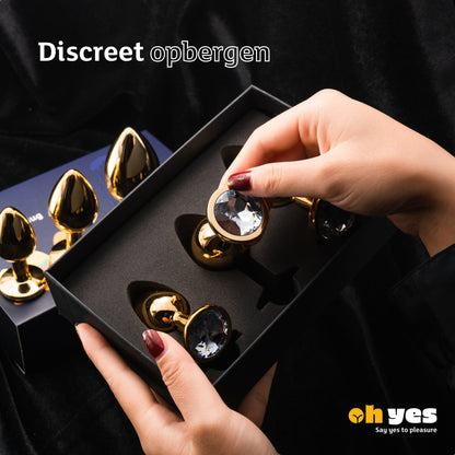 Metaal Gouden Buttplug Set - Wit - OHYES.nl