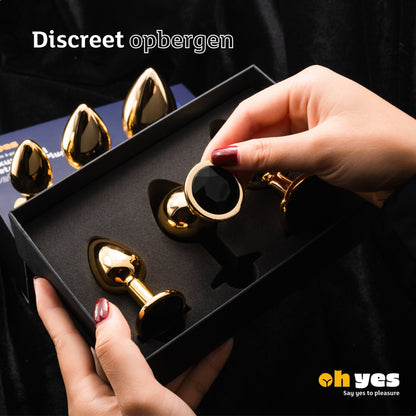 Metaal Gouden Buttplug Set - Zwart - OHYES.nl